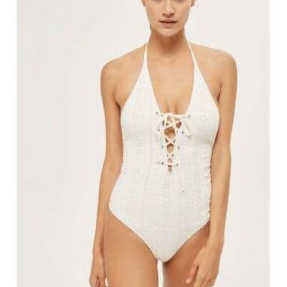 TOPSHOP Broderie Lace Up Eyelet Lace Swimsuit - Picture 1 of 4
